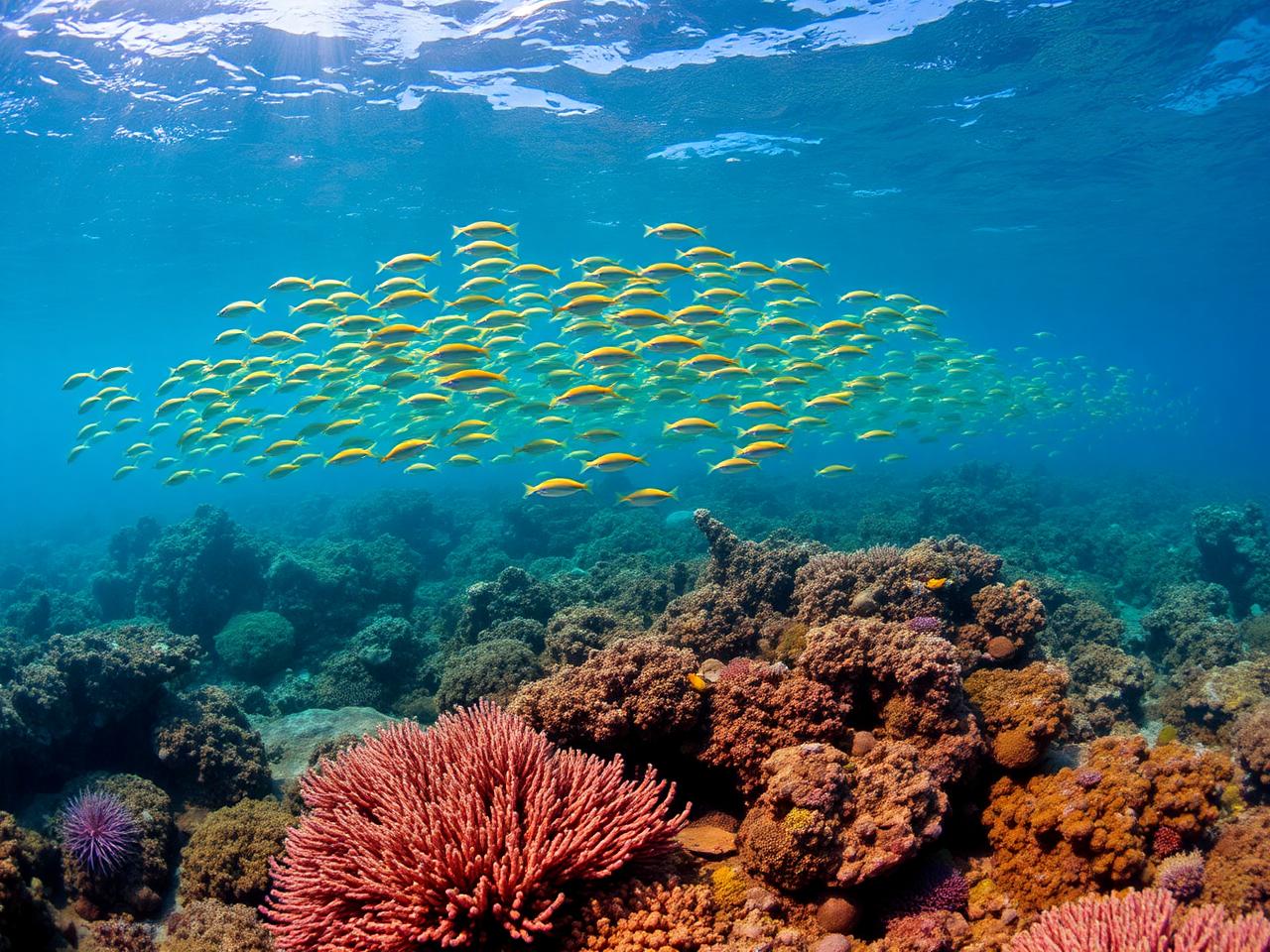 Blue Lagoon Snorkelling in Zanzibar: varied coral and schooling fish seen underwater at low tide