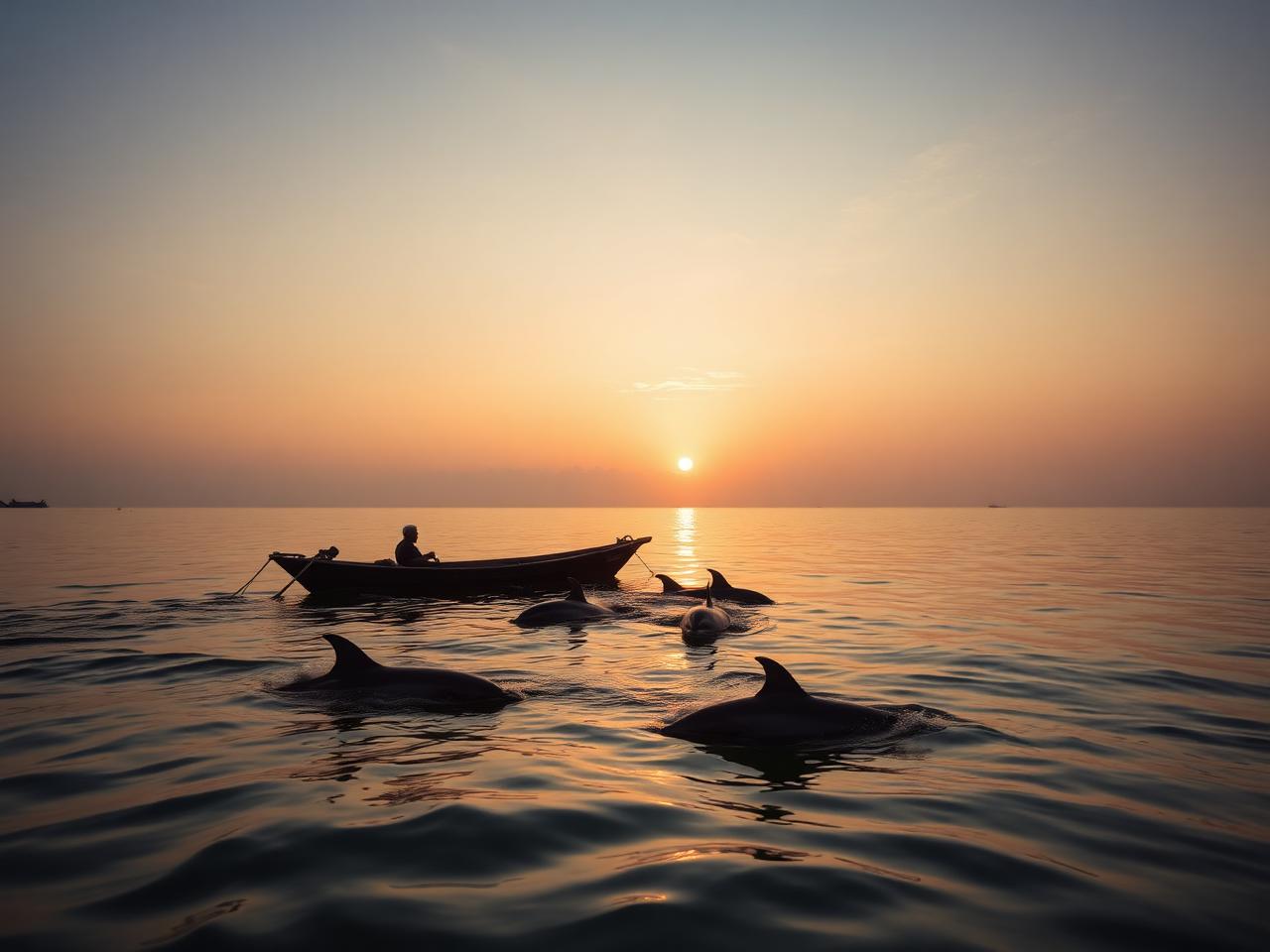 Swimming with Dolphins, Kizimkazi in Zanzibar: dolphins surfacing beside a small local boat at sunrise