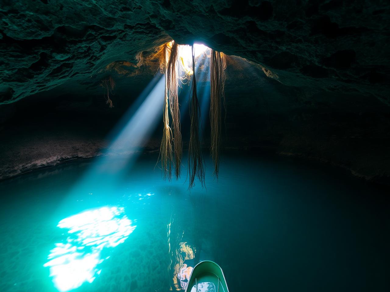 Maalum Cave in Zanzibar: clear freshwater pool inside a rock cave lit by daylight from above