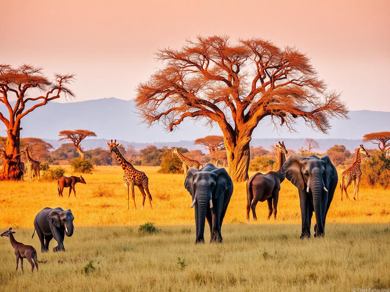 Mikumi National Park one-day fly-in safari from Zanzibar: elephants and giraffes on the golden savannah