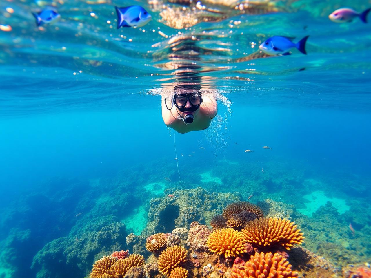 Mnemba Island Snorkelling in Zanzibar: a snorkeller above the coral reef ringing the atoll