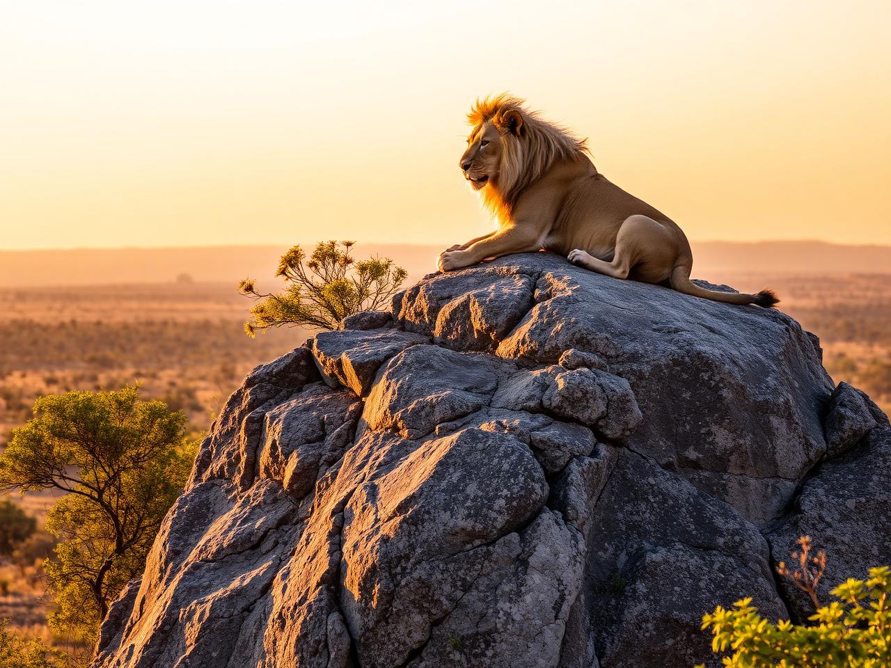Serengeti National Park safari booked from Zanzibar: a lion resting on a granite kopje above the plains