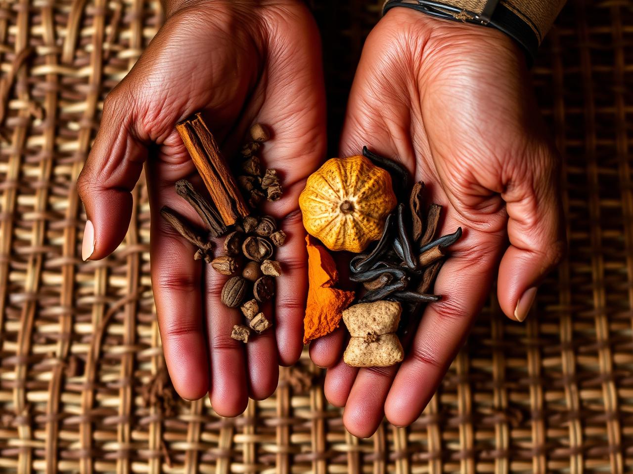 Spice Farm Tour in Zanzibar: hands holding freshly harvested cinnamon, nutmeg, turmeric and cloves
