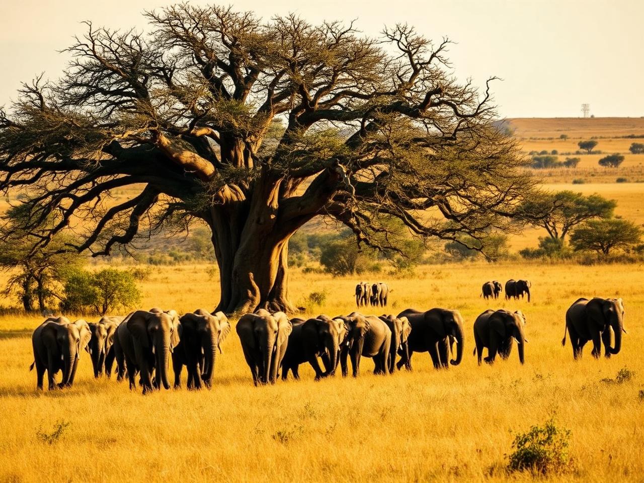 Tarangire National Park safari booked from Zanzibar: a herd of elephants passing a giant baobab tree