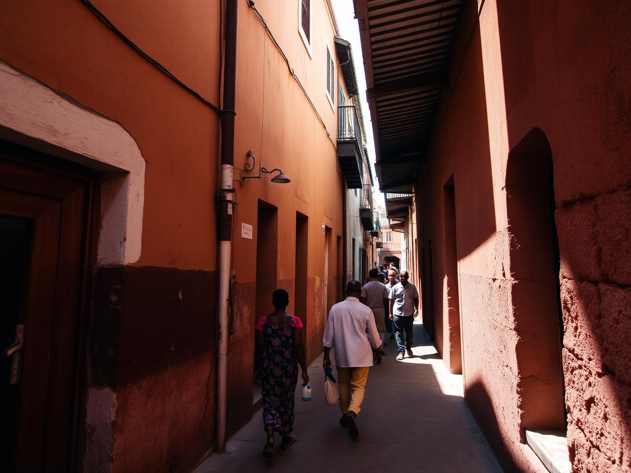 Stone Town in Zanzibar: a sunlit lane with residents walking between coral-stone houses