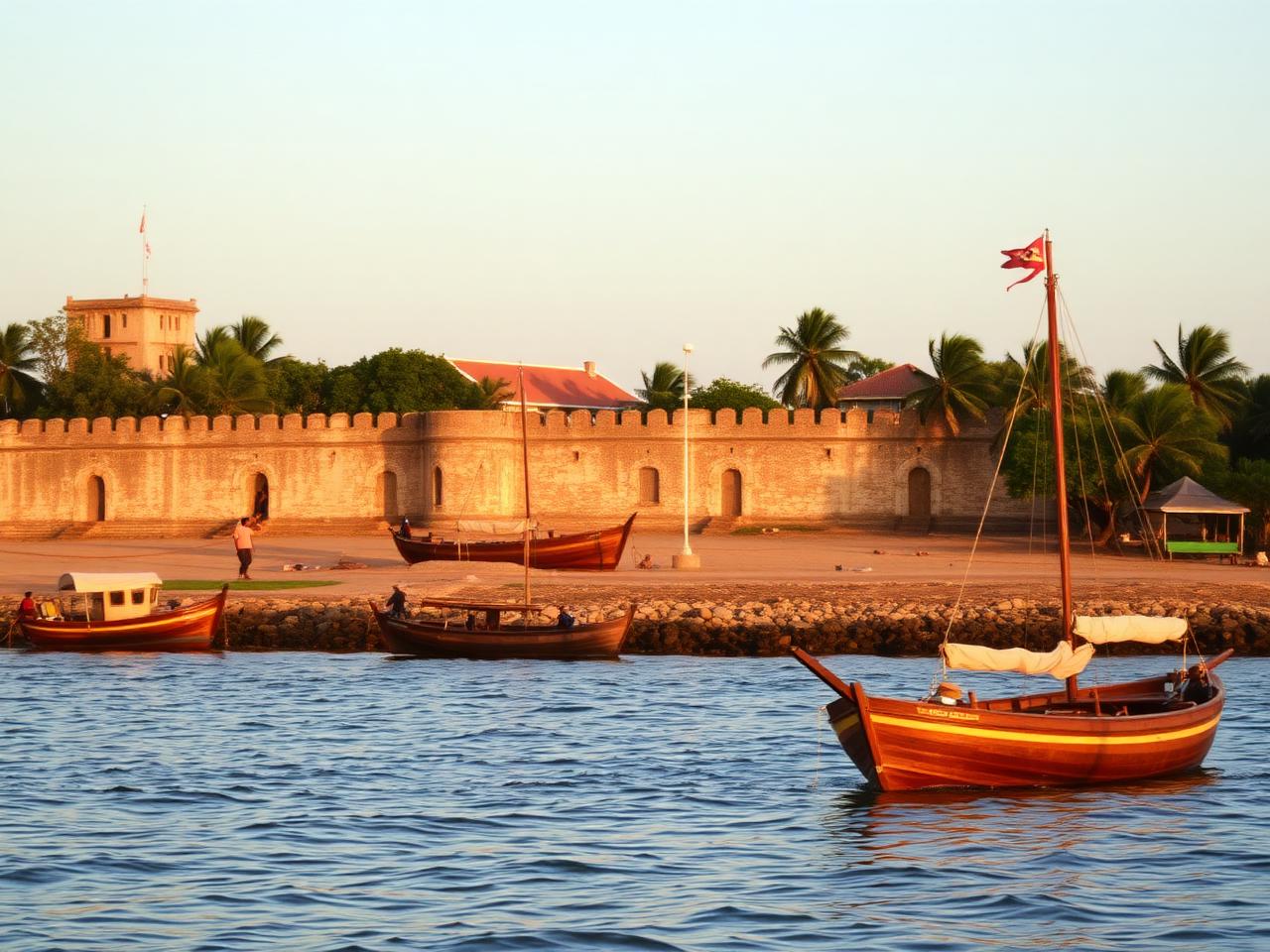 Stone Town in Zanzibar: the Old Fort seafront and wooden dhows at golden hour