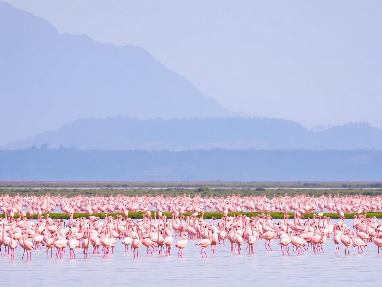 Mainland safari from Zanzibar: flamingos massed across shallow Lake Manyara