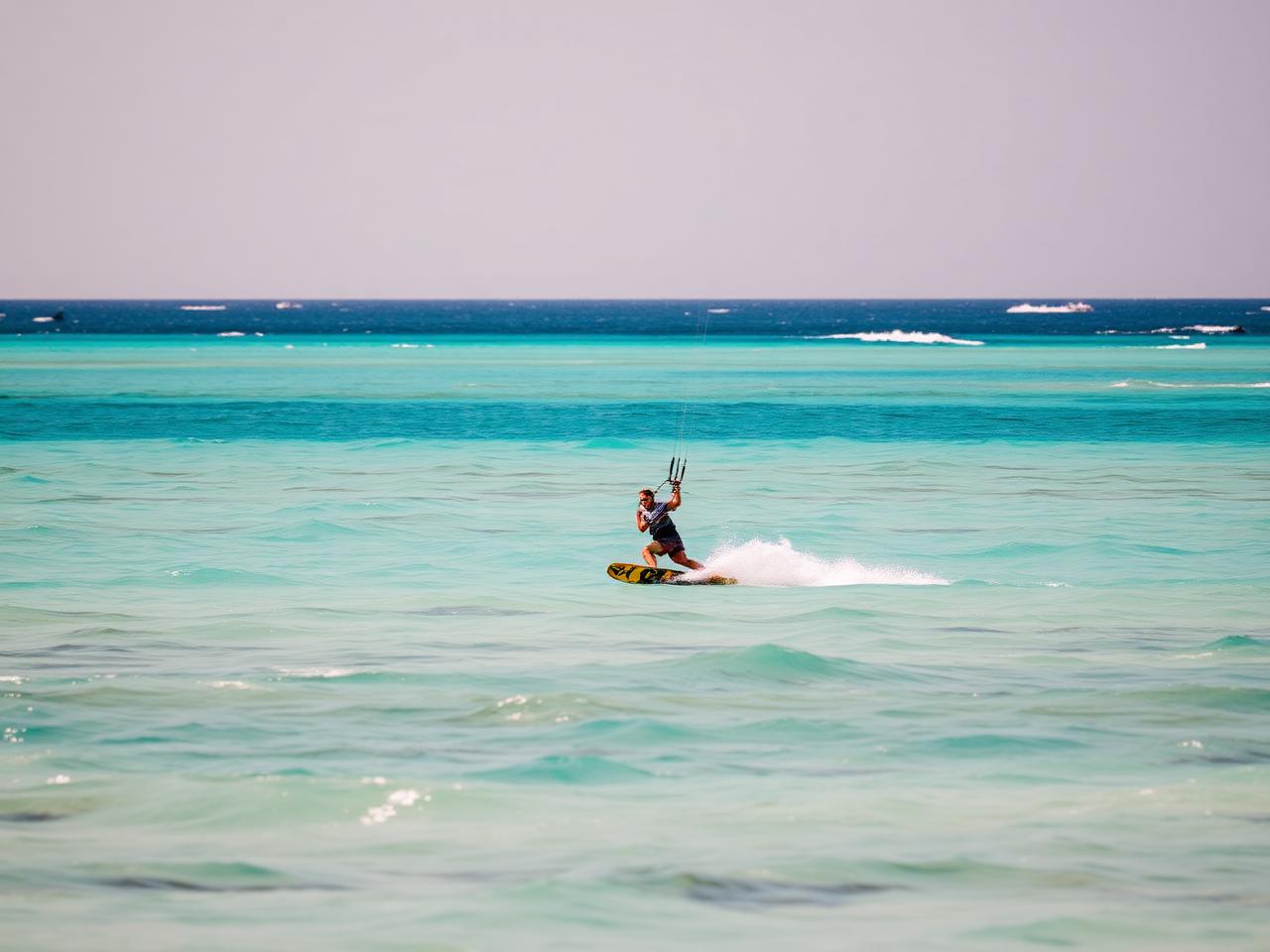 Watersports in Zanzibar: a kitesurfer riding the shallow water off Paje