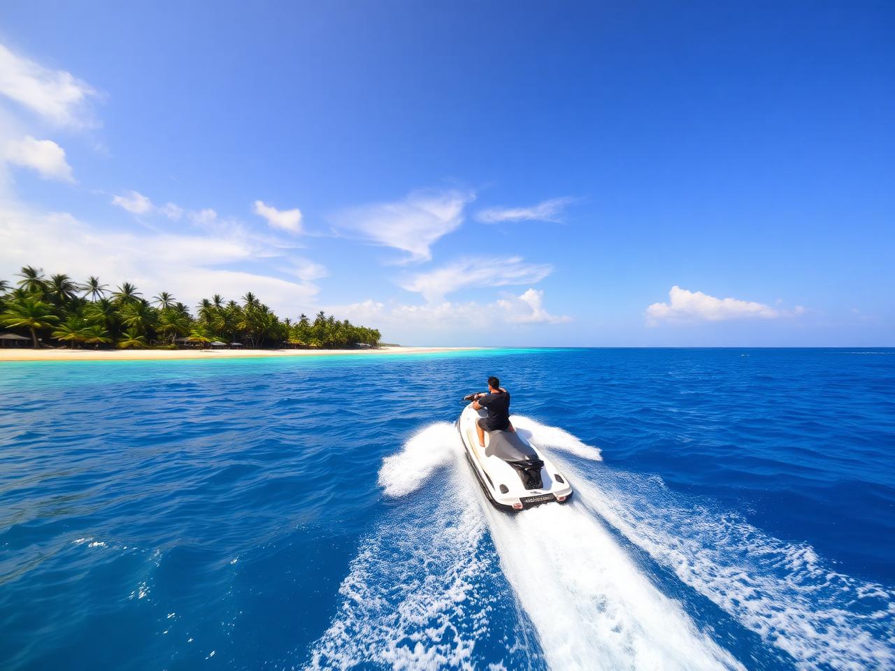Watersports in Zanzibar: a jet ski crossing deep blue water beside a palm-lined shore