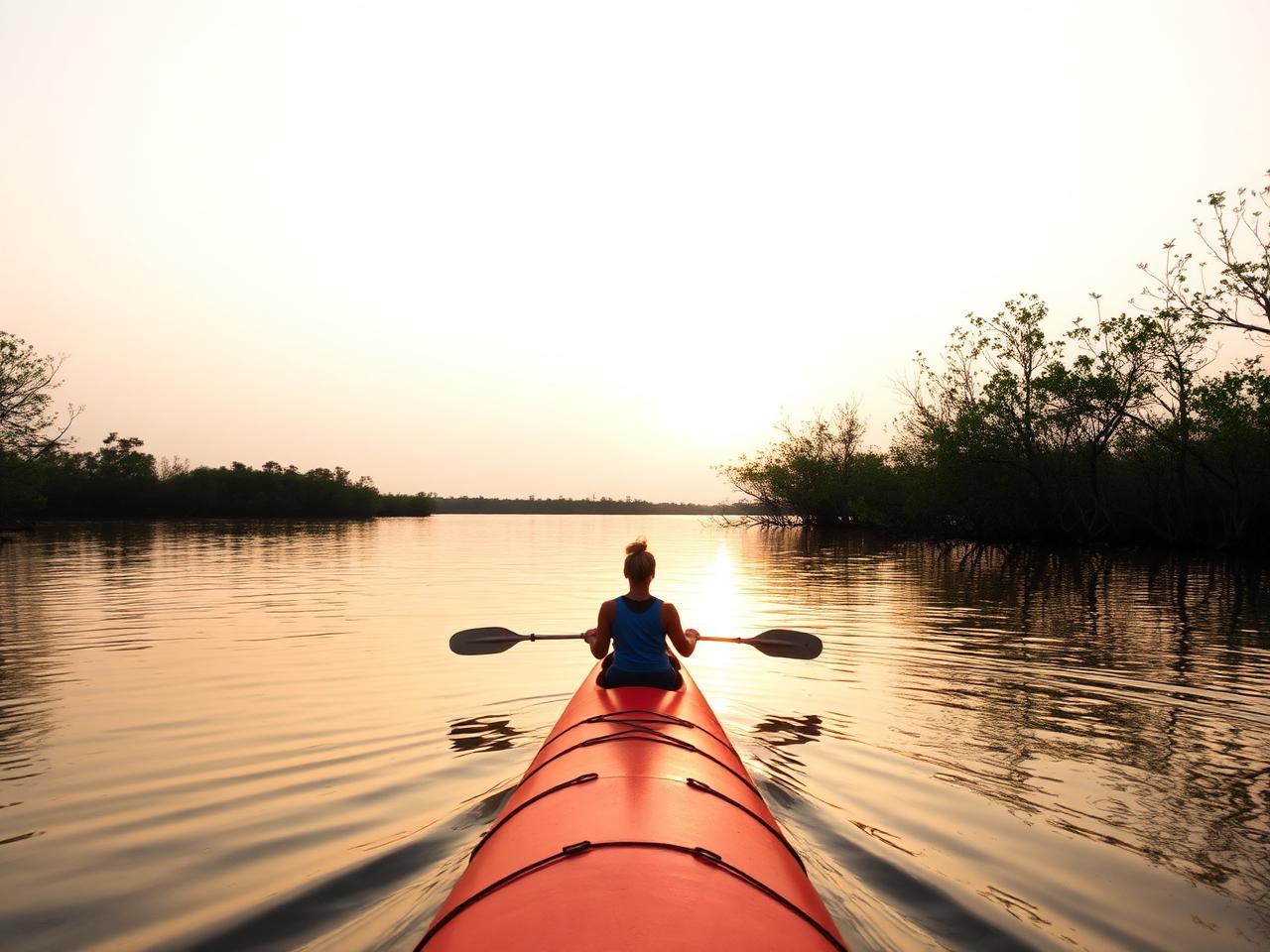 Watersports in Zanzibar: kayaking a calm mangrove channel at golden hour